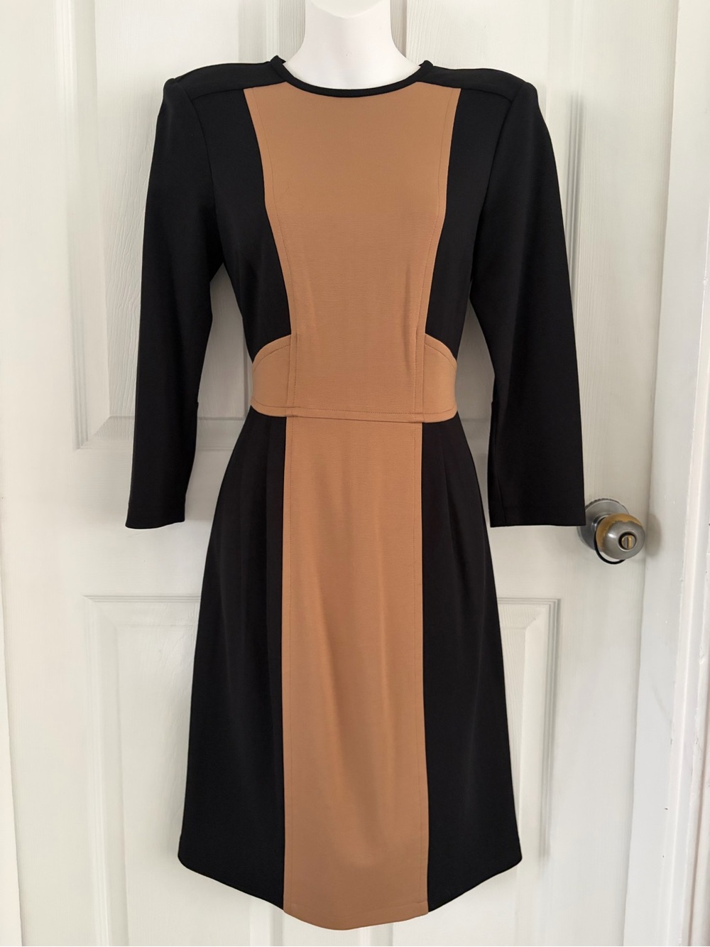 Nanette Lepore Black and Camel Panel Long-Sleeve Sheath Dress
